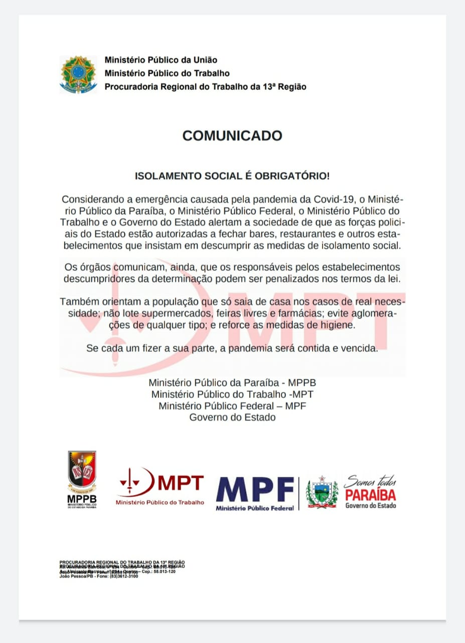 Governo da PB e Ministérios Públicos alertam população sobre isolamento social obrigatório