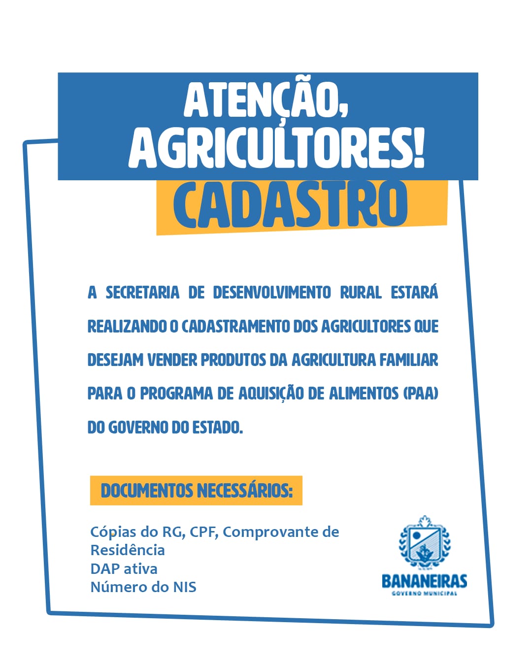 Inscrições abertas para cadastramento de novos agricultores no Programa de Aquisição de Alimentos (PAA) 2022